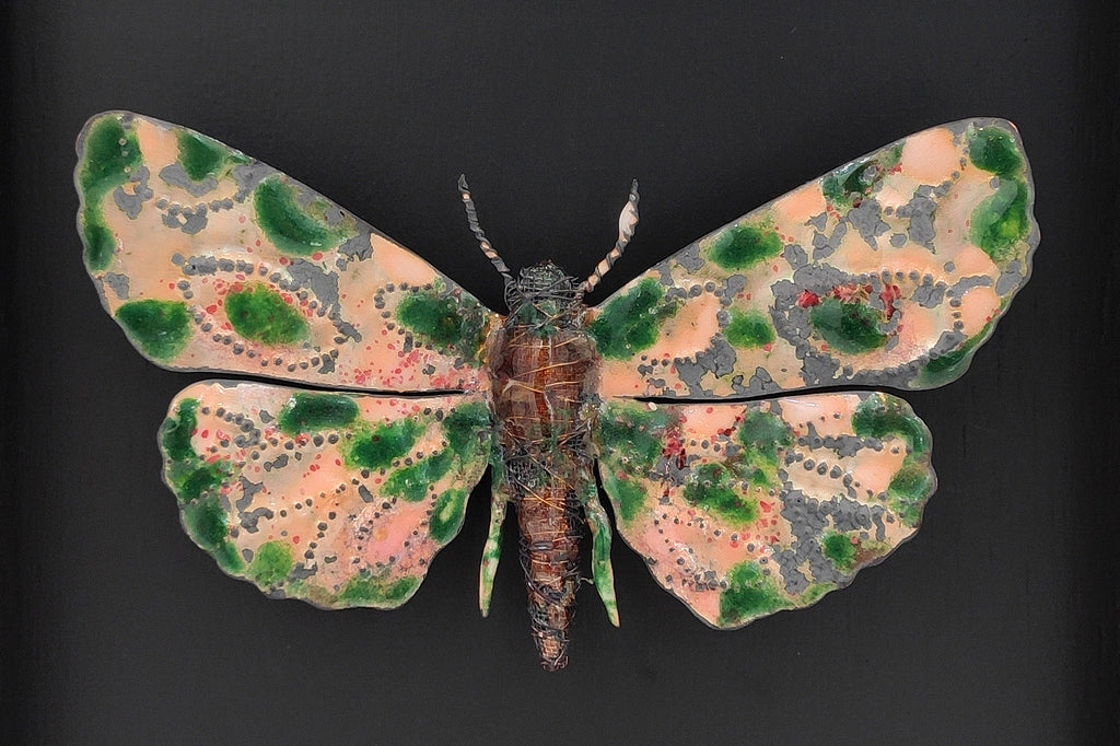 Schmetterling in Holzkasten aus emailliertem Kupfer Rosa, Grün, Braun, Schwarz